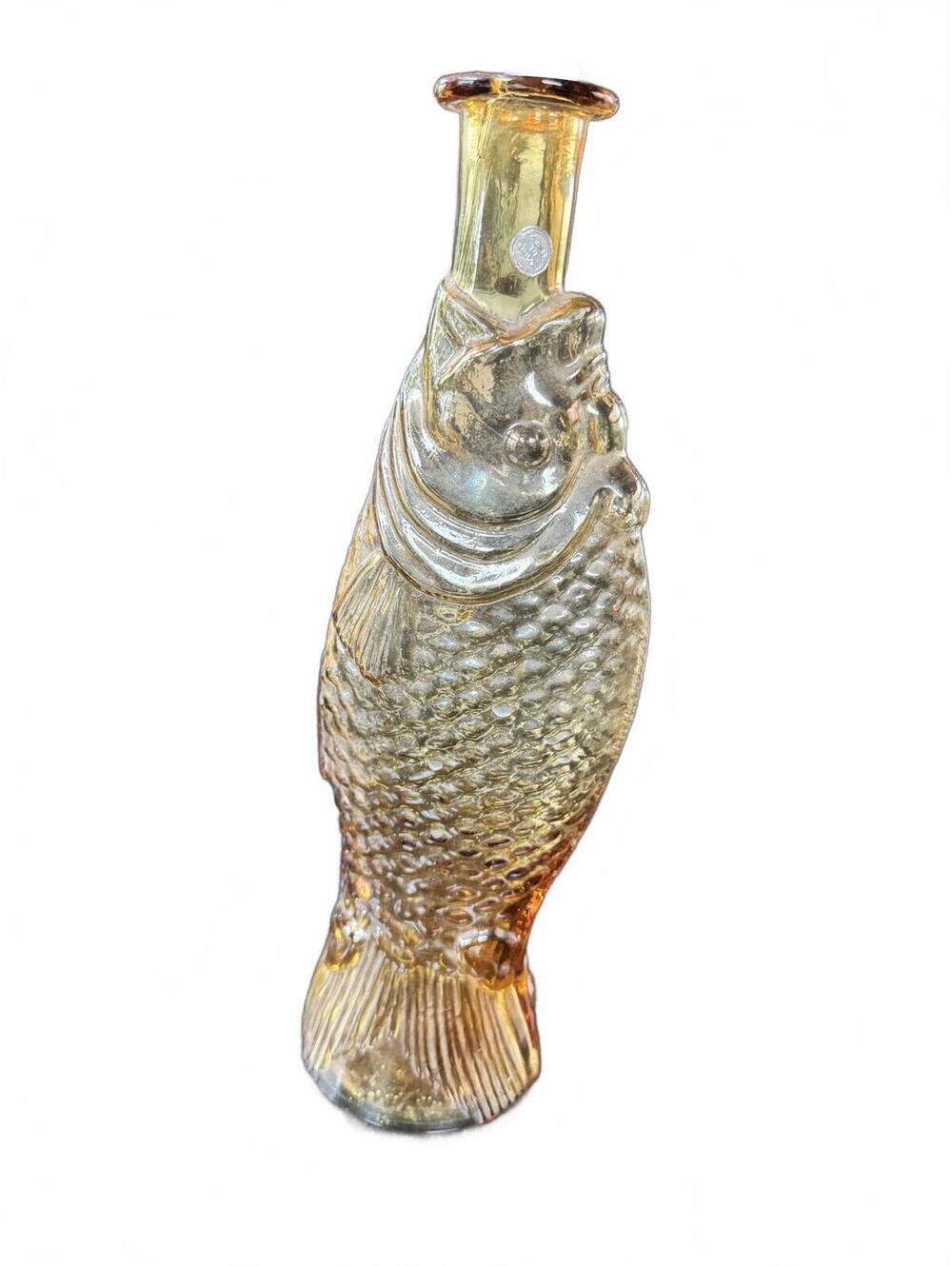 Vintage Empoli Italian Amber Glass Fish Decanter Bottle Vase Mid Century